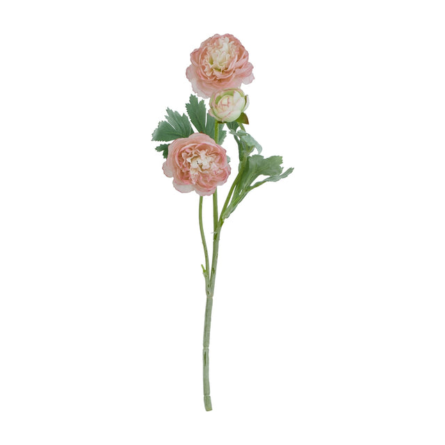 Hill Interiors Pink Ranunculus faux stem with three blush blooms, a small bud, and green leaves, shown against a plain white background.