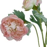 Hill Interiors Pink Ranunculus faux stem shown close-up with a blush ruffled bloom, a pale pink bud, and green leaves on a white background.