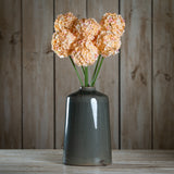 Hill Interiors White & Apricot Allium faux stems arranged in a glazed grey ceramic vase on a wooden surface against a plank wall.