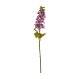 Hill Interiors Purple Elatum Delphinium faux flower stem with ruffled purple florets along an upright spike and green leaves, on a white background.