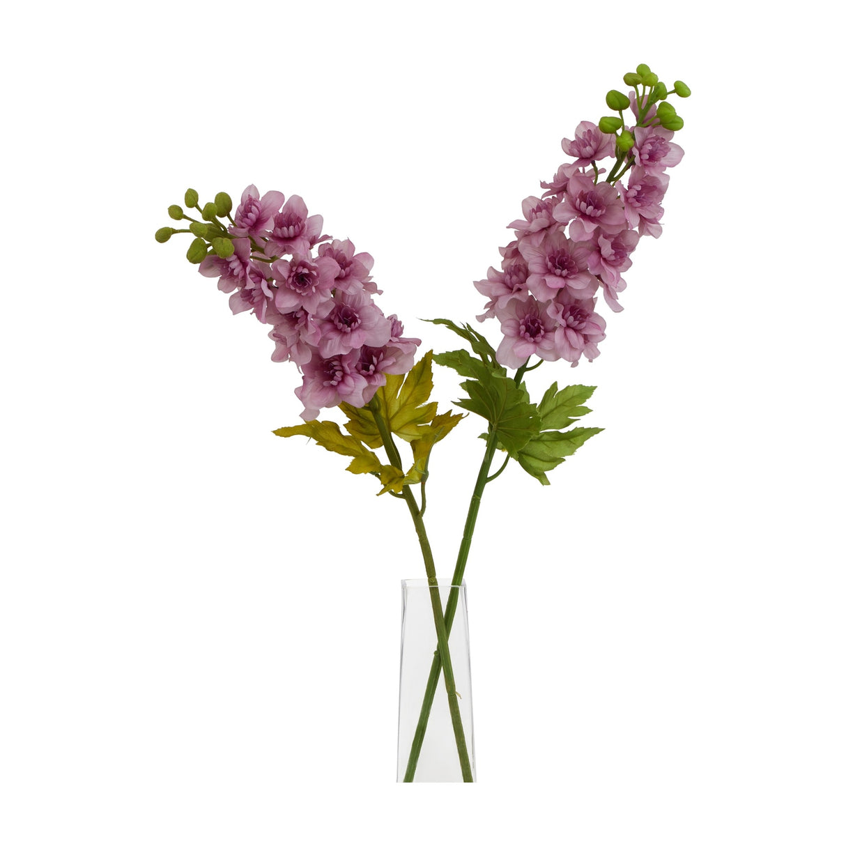 Hill Interiors Purple Elatum Delphinium faux flower stems with ruffled purple florets and green leaves, arranged in a clear glass vase on a white background.
