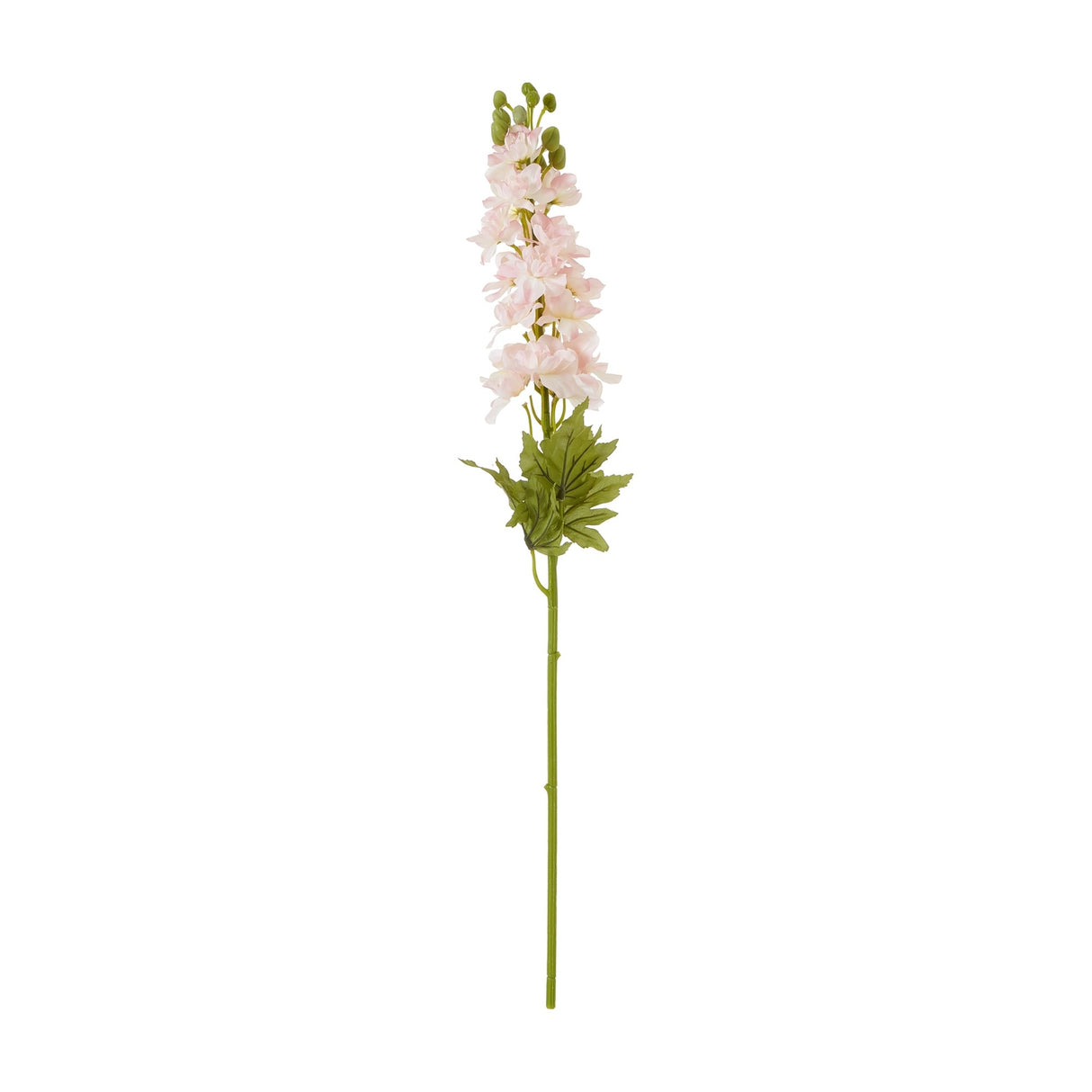 Hill Interiors Pink Elatum Delphinium faux stem with ruffled pink blooms, green buds and slim foliage on a slender stem, shown on a plain white background.