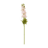 Hill Interiors Pink Elatum Delphinium faux stem with ruffled pink blooms, green buds and slim foliage on a slender stem, shown on a plain white background.