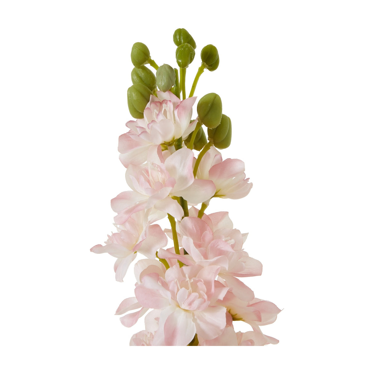 Hill Interiors Pink Elatum Delphinium faux stem with ruffled soft pink blooms and green buds at the tip, shown against a plain white background.