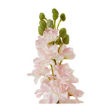 Hill Interiors Pink Elatum Delphinium faux stem with ruffled soft pink blooms and green buds at the tip, shown against a plain white background.