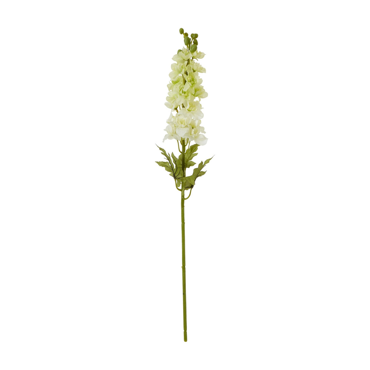 Hill Interiors White Elatum Delphinium faux flower stem with ruffled white florets and green foliage along a tall stalk, shown on a plain white background.