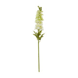 Hill Interiors White Elatum Delphinium faux flower stem with ruffled white florets and green foliage along a tall stalk, shown on a plain white background.