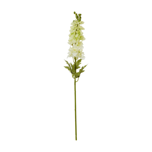 Hill Interiors White Elatum Delphinium faux flower stem with ruffled white florets and green foliage along a tall stalk, shown on a plain white background.