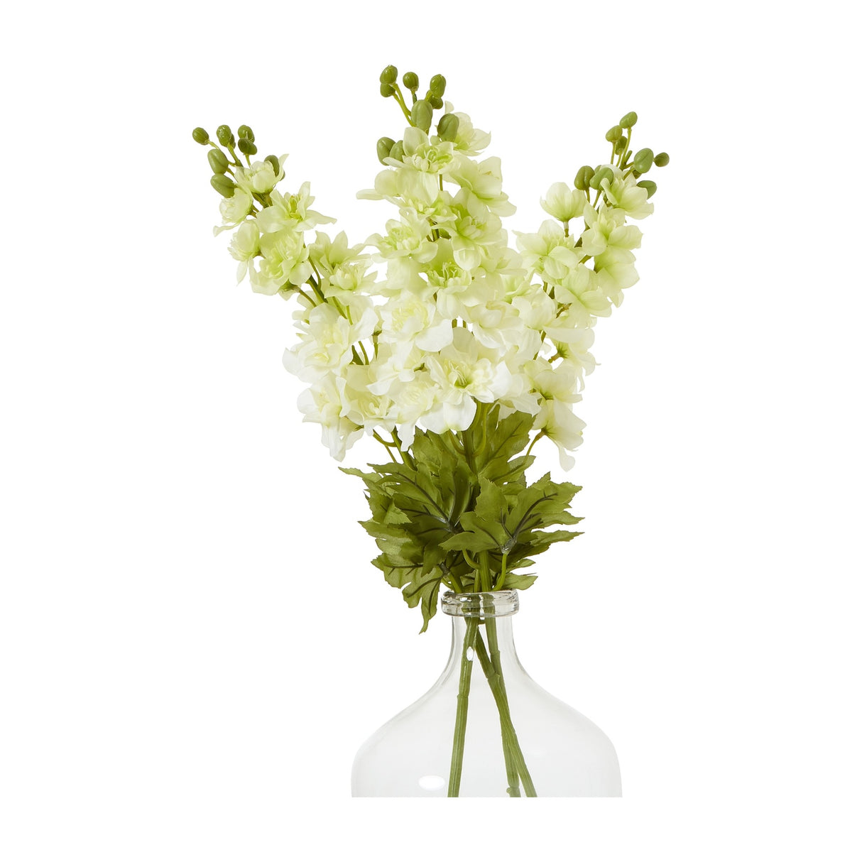 Hill Interiors White Elatum Delphinium faux stems with ruffled white florets and green buds arranged in a clear glass vase against a white background.