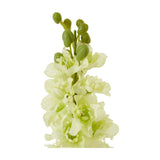 Hill Interiors White Elatum Delphinium faux stem showing ruffled white florets and green buds climbing the tip, set against a plain white background.