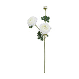 Hill Interiors White Ranunculus faux flower stem with two open blooms, a small bud, and green foliage on a bendable stem, shown on a white background.