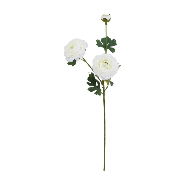 Hill Interiors White Ranunculus faux flower stem with two open blooms, a small bud, and green foliage on a bendable stem, shown on a white background.