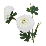 Hill Interiors White Ranunculus faux stem with layered ruffled petals in soft white and creamy centre, paired with green lobed foliage on a white background.
