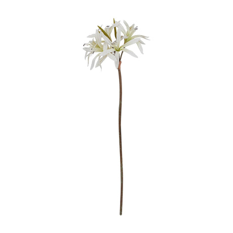 Hill Interiors White Nerine Lily Stem with slender curled petals forming a spidery bloom cluster on a tall plastic stem, shown against a white background.