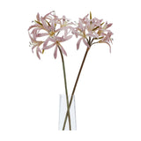 Two Hill Interiors Pink Lily Stems with blush petals, slender stamens and green foliage, arranged in a clear glass vase against a plain white background.