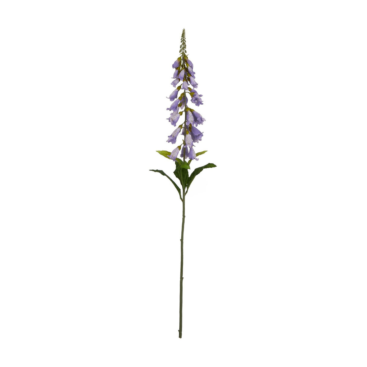 Hill Interiors Mauve Foxglove faux flower stem with graduated tubular purple blooms and green leaves, shown against a plain white background.