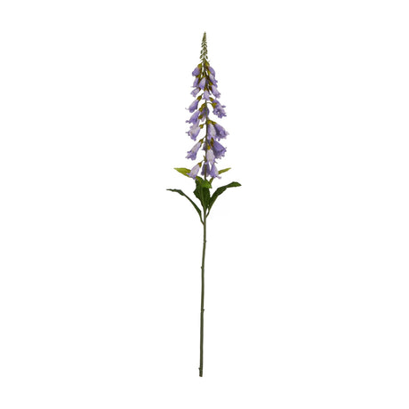 Hill Interiors Mauve Foxglove faux flower stem with graduated tubular purple blooms and green leaves, shown against a plain white background.