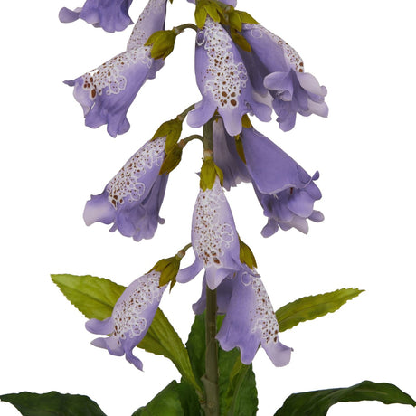 Close-up of Hill Interiors Mauve Foxglove faux stem showing tubular purple blooms with freckled throats and green buds against a white background.