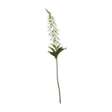 Hill Interiors White Foxglove faux flower stem with tapering bell-shaped blooms and green leaves, shown against a plain white background.