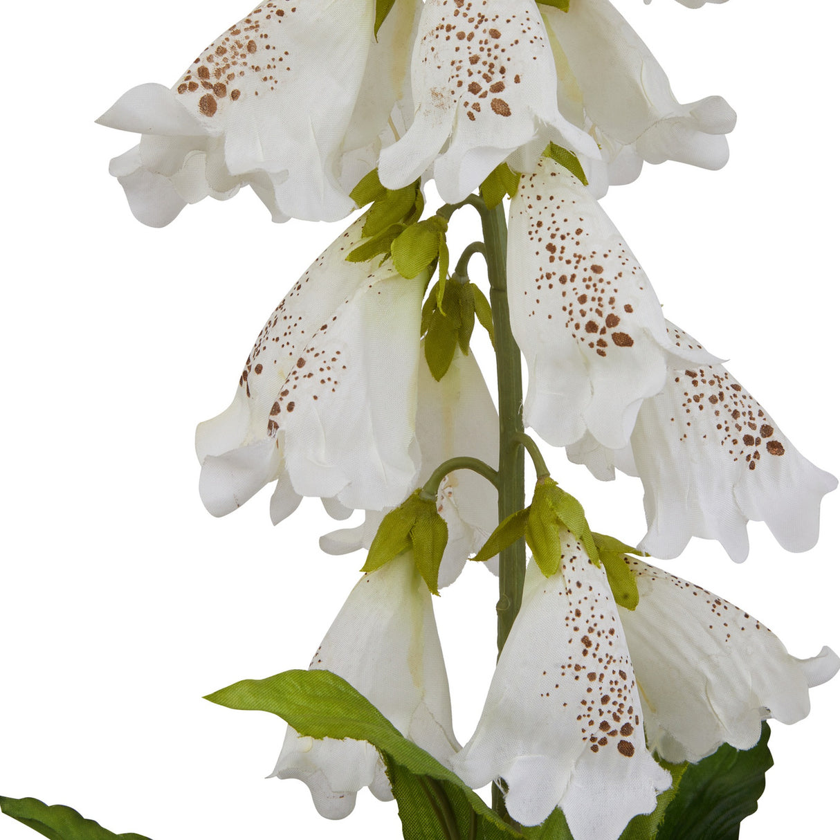Close-up of Hill Interiors White Foxglove faux flower stem showing tubular bell-shaped blooms with brown speckling and green buds against a white background.