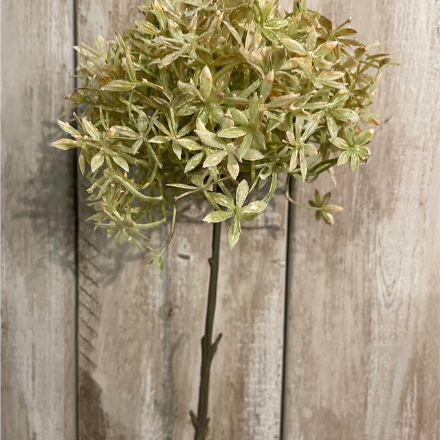 Hill Interiors Green and Beige Allium faux stem with a globe-shaped cluster of tiny florets on a slender stem against a pale wood plank background.