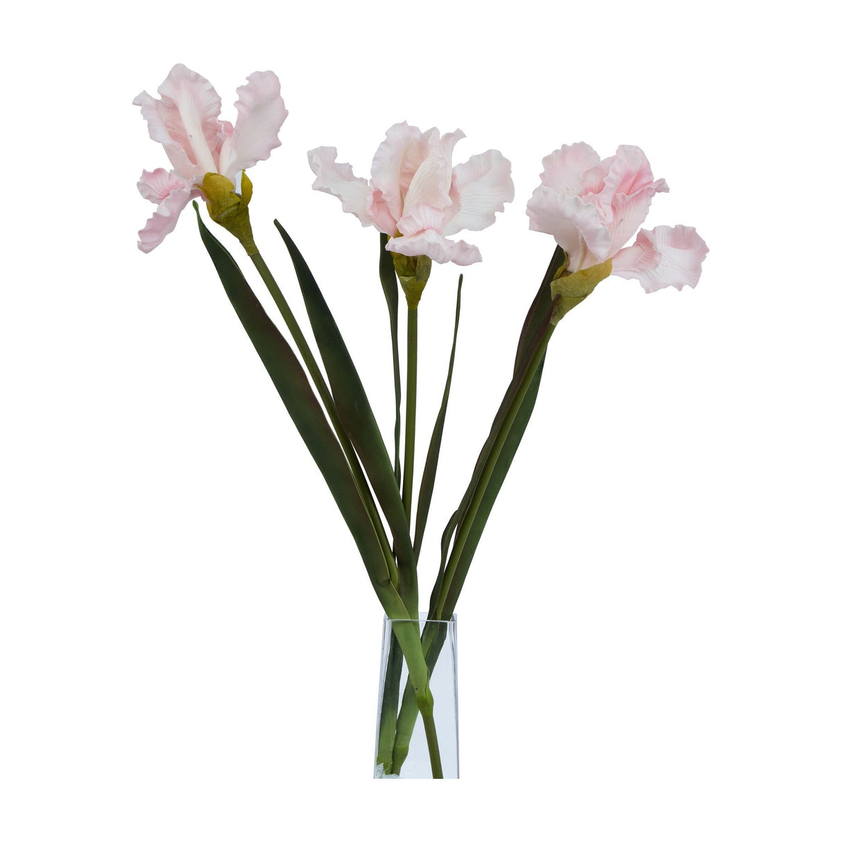 Three Hill Interiors Pale Pink Fringed Iris faux stems with ruffled petals and slim green foliage arranged in a clear glass vase against a white background.