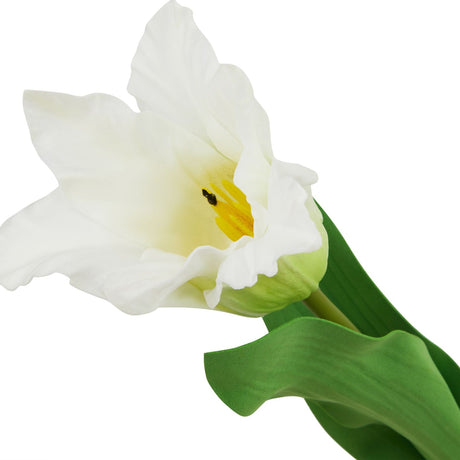 Close-up of the Hill Interiors White Parrot Tulip faux stem showing ruffled white petals, yellow centre and green leaf against a plain white background.