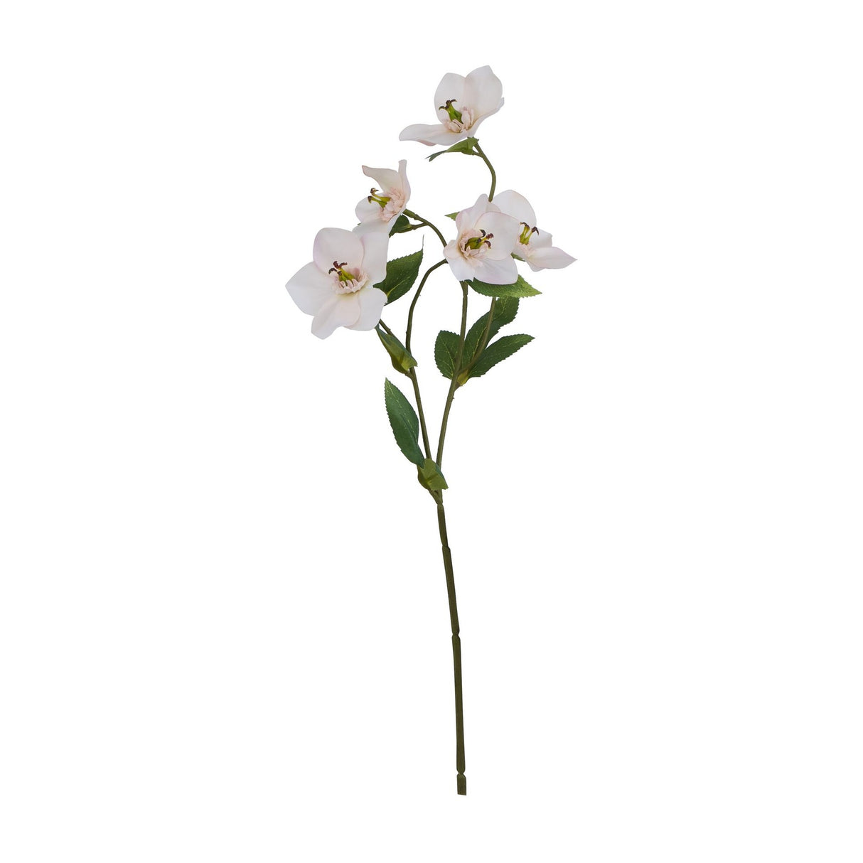 Hill Interiors Pale Apricot Hellibore faux flower stem with soft apricot blooms, buds and green leaves on a bendable stem, shown on a white background.