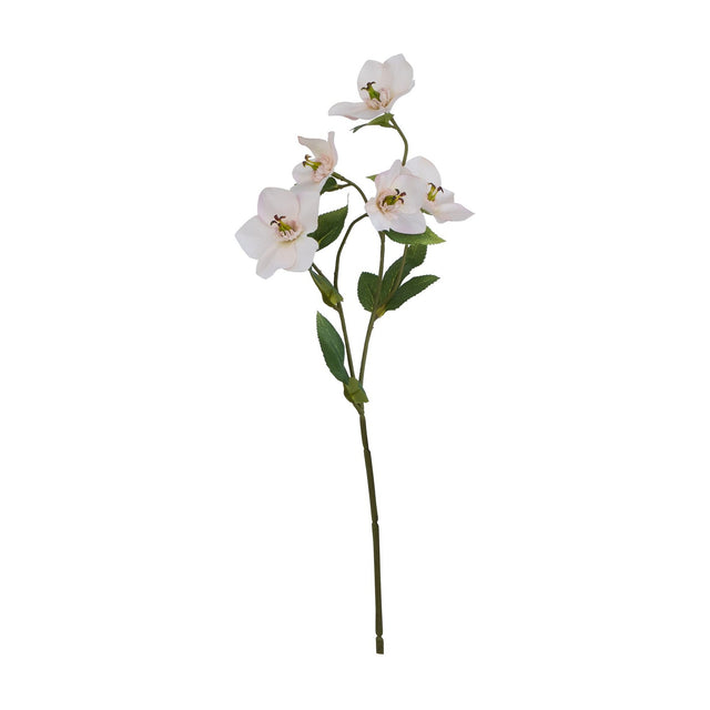 Hill Interiors Pale Apricot Hellibore faux flower stem with soft apricot blooms, buds and green leaves on a bendable stem, shown on a white background.