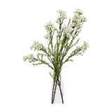 Hill Interiors White Waxflower faux stem with clusters of small white blooms and fine green foliage, displayed in a clear glass vase on a white background.