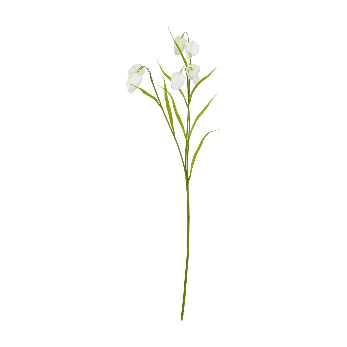 Hill Interiors White Fritillaria Stem with nodding cream bell-shaped blooms and slim green foliage on a tall plastic stem, shown on a white background.