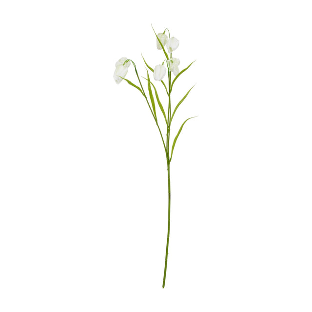 Hill Interiors White Fritillaria Stem with nodding cream bell-shaped blooms and slim green foliage on a tall plastic stem, shown on a white background.