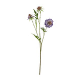 Hill Interiors Purple Scabious Stem faux flower with three layered purple pincushion blooms and slim green leaves on a bendable stem, shown on white.