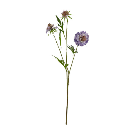 Hill Interiors Purple Scabious Stem faux flower with three layered purple pincushion blooms and slim green leaves on a bendable stem, shown on white.