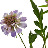 Hill Interiors Purple Scabious Stem shown close-up with layered lilac petals around a textured bud centre and slim green leaves on a white background.