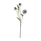 Hill Interiors Pale Blue Scabious Stem faux flower with three pincushion blooms in muted blue and green leaves on a plain white background.