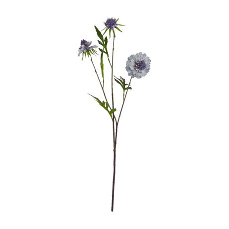 Hill Interiors Pale Blue Scabious Stem faux flower with three pincushion blooms in muted blue and green leaves on a plain white background.