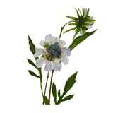 Hill Interiors Pale Blue Scabious Stem faux flower with pincushion centre, frilled pale blue petals and green leaves on a white background.