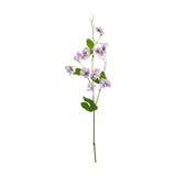 Hill Interiors Purple Sweetpea Stem, a 61cm faux flower spray with ruffled purple and white blooms and green leaves on a plain white background.
