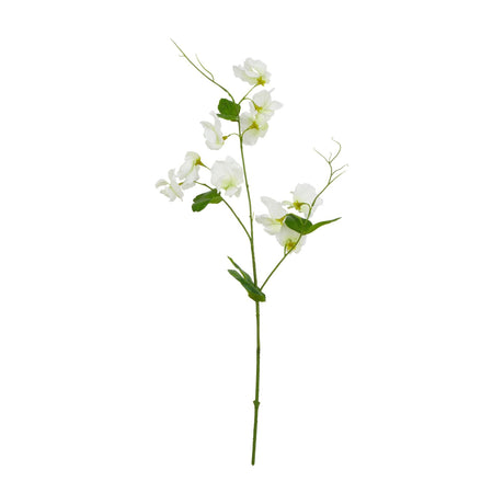 Hill Interiors White Sweetpea Stem, a 61cm faux flower stem with ruffled white blooms and green leaves along a slender stem, on a white background.