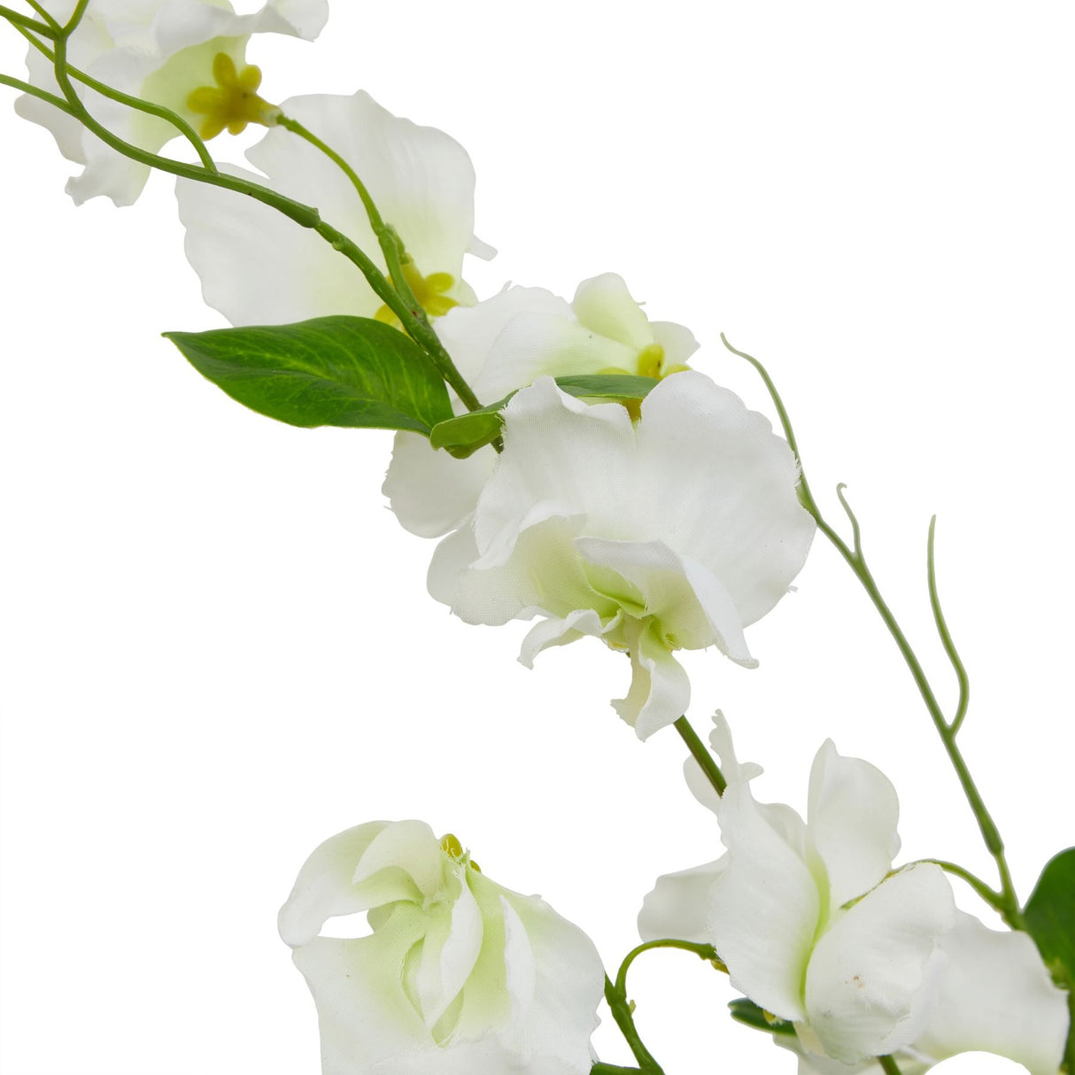 Close-up of Hill Interiors White Sweetpea Stem showing ruffled white petals, small yellow centres and green leaves along a slender stem on a white background.
