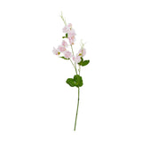 Hill Interiors Pale Pink Sweetpea Stem with ruffled blush blooms, buds, green leaves and trailing tendrils on a slim stem, shown on a white background.