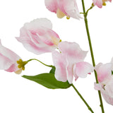 Hill Interiors Pale Pink Sweetpea Stem close-up showing ruffled blush petals, small buds, and green leaves on a slim stem against a white background.