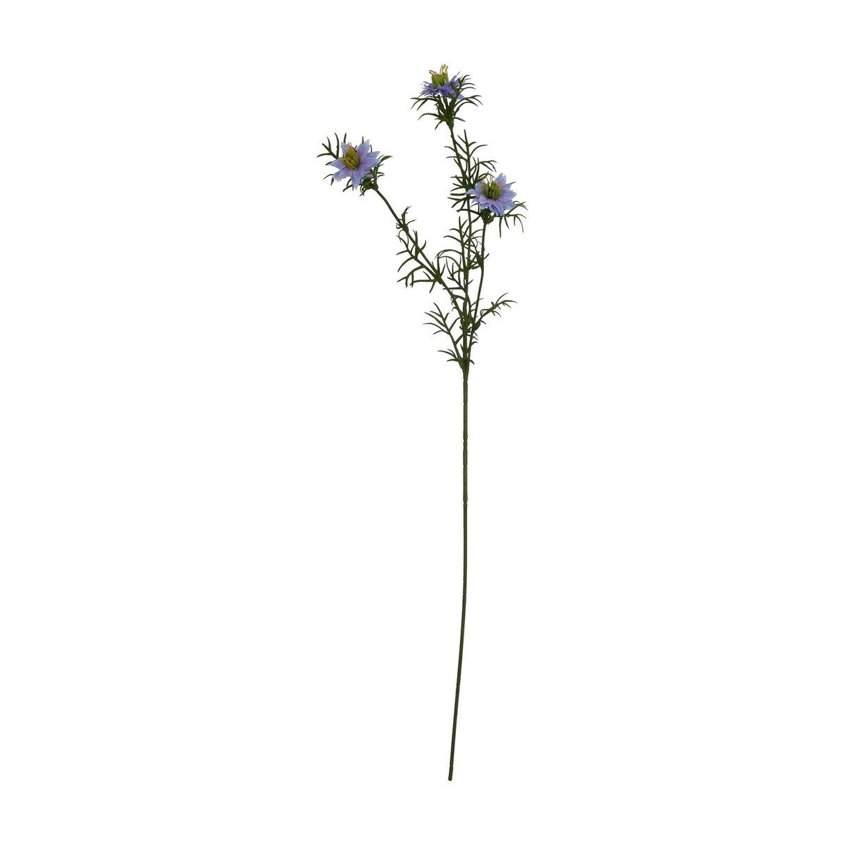 Hill Interiors Purple Nigella Love In A Mist faux flower stem with three pale purple blooms and fine green foliage on a slim stalk, shown on a white background.