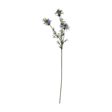 Hill Interiors Purple Nigella Love In A Mist faux flower stem with three pale purple blooms and fine green foliage on a slim stalk, shown on a white background.