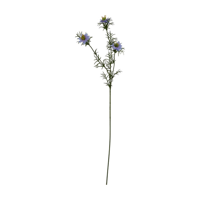 Hill Interiors Purple Nigella Love In A Mist faux flower stem with three pale purple blooms and fine green foliage on a slim stalk, shown on a white background.