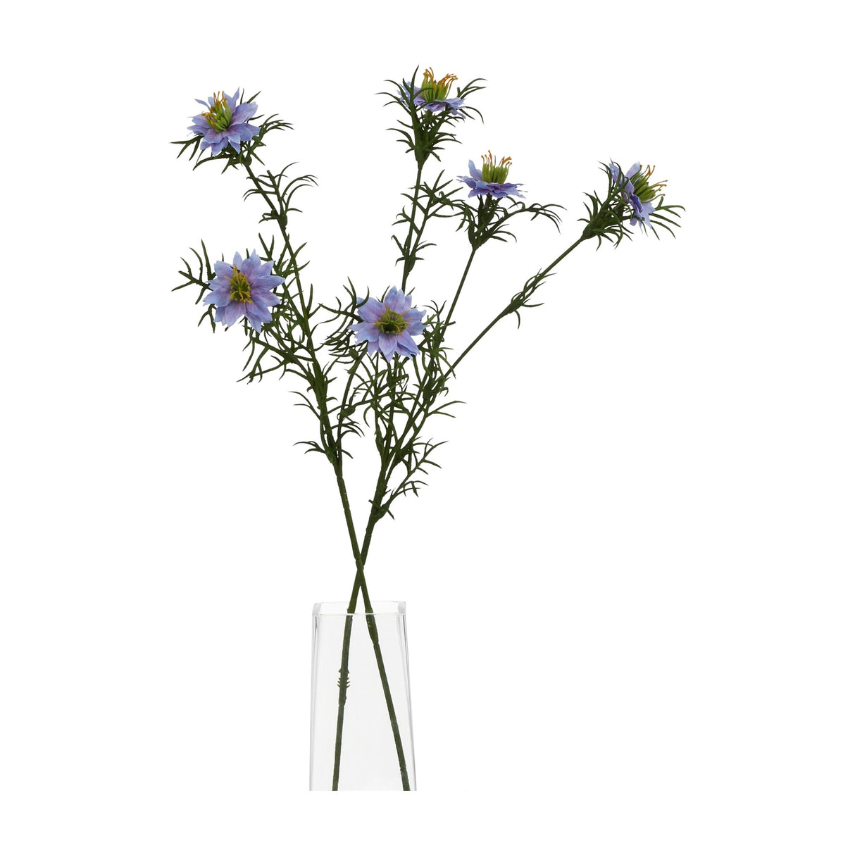 Hill Interiors Purple Nigella Love In A Mist faux flower stems with feathery green foliage in a clear glass vase against a white background.