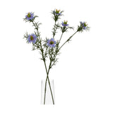 Hill Interiors Purple Nigella Love In A Mist faux flower stems with feathery green foliage in a clear glass vase against a white background.