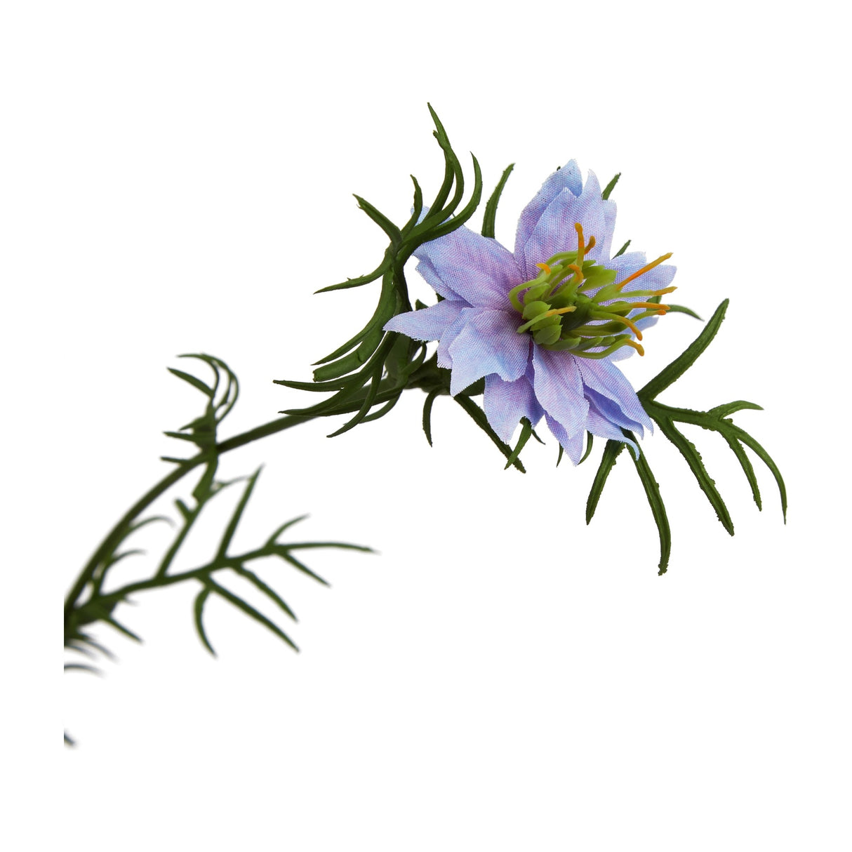 Hill Interiors Purple Nigella Love In A Mist faux flower stem with lilac-purple petals, green stamens and fine feathery bracts on a plain background.