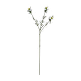 Hill Interiors White Nigella Love In A Mist faux flower stem with three white blooms and feathery green foliage on a plain white background.